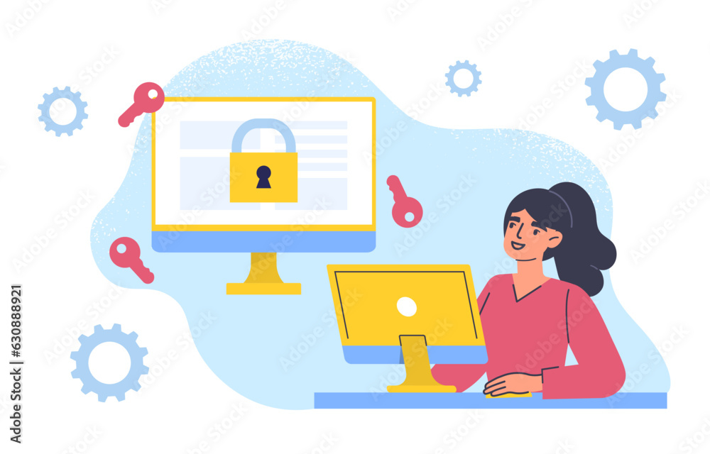 Poster cryptographer with computer concept. modern blockchain technology. character with cryptocurrency. in