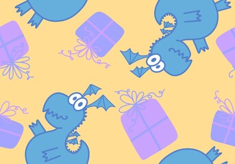 Cartoon animals dinosaur Christmas seamless dragon pattern for wrapping paper and kids clothes print