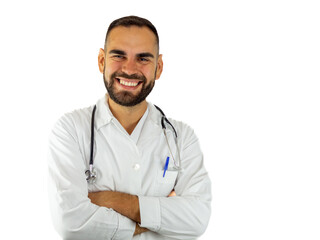 Young male doctor crossing his arms while smiling. Looking at camera isolated on white background