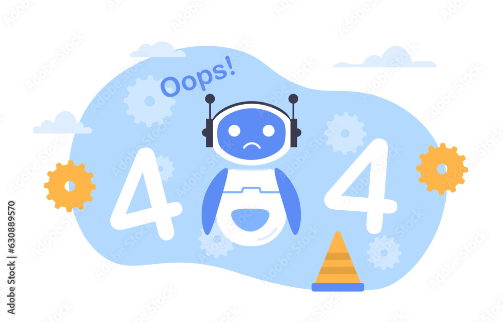 Poster bot with error 404 concept. cyborg and chat bot. artificial intelligence and machine learning. broke
