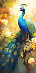 Naklejka premium Peacock on oil painting of colorful artworks