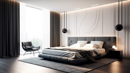 Fototapeta na wymiar Modern bedroom interior design with monochromatic color scheme.