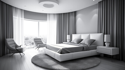 A bedroom in a modern style with a large window.