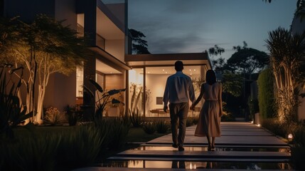 Fototapeta premium Beautiful young couple outside house at sunset