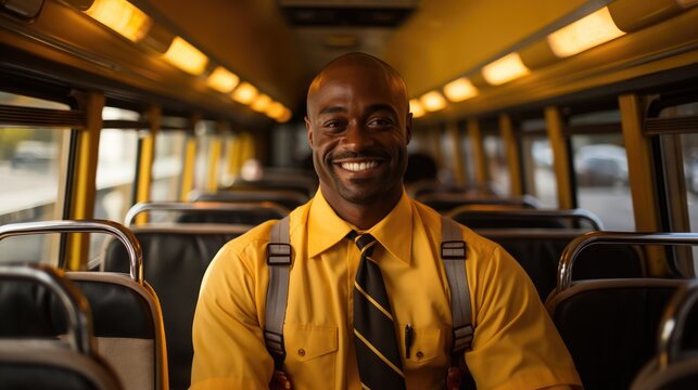 A bus driver sitting on a school bus wearing a yellow shirt and tie