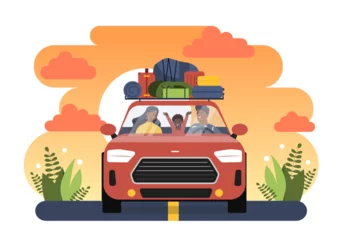 Fototapeten Family travel at car concept. Father and mother with kid at trip and journey. Tourists witg baggage and luggage. People at automobile, man and woman with son. Cartoon flat vector illustration © Rudzhan
