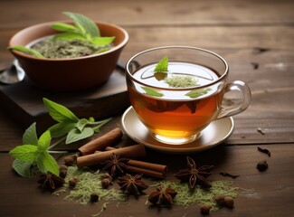 A cup of hot honey and sour green tea with spices on the wooden background.