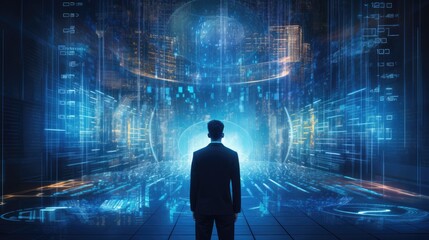 Human from the back surrounded by futuristic environment with city and data flows. Generative AI