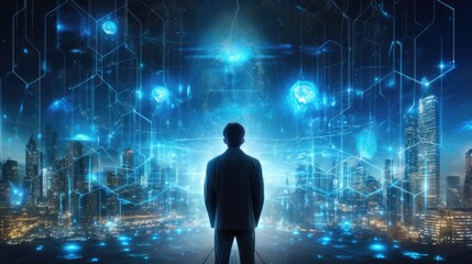 Human from the back surrounded by futuristic environment with city and data flows. Generative AI