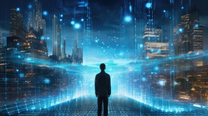 Human from the back surrounded by futuristic environment with city and data flows. Generative AI