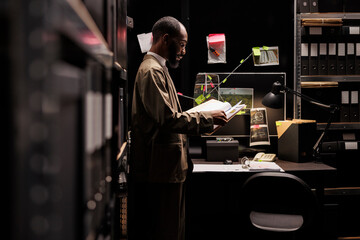 African american cop standing near detective board, reading report to solve crime. Investigator...