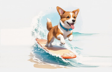 Adorable dog, pet art surfing on the beach. Generative AI