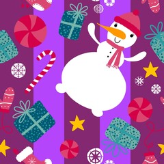 Cartoon Christmas snowman seamless candy and gift box and snowflakes and mittens pattern for winter print