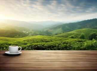Tea in cup on a wooden table with green field in the background