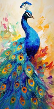 Peacock on oil painting of colorful artworks