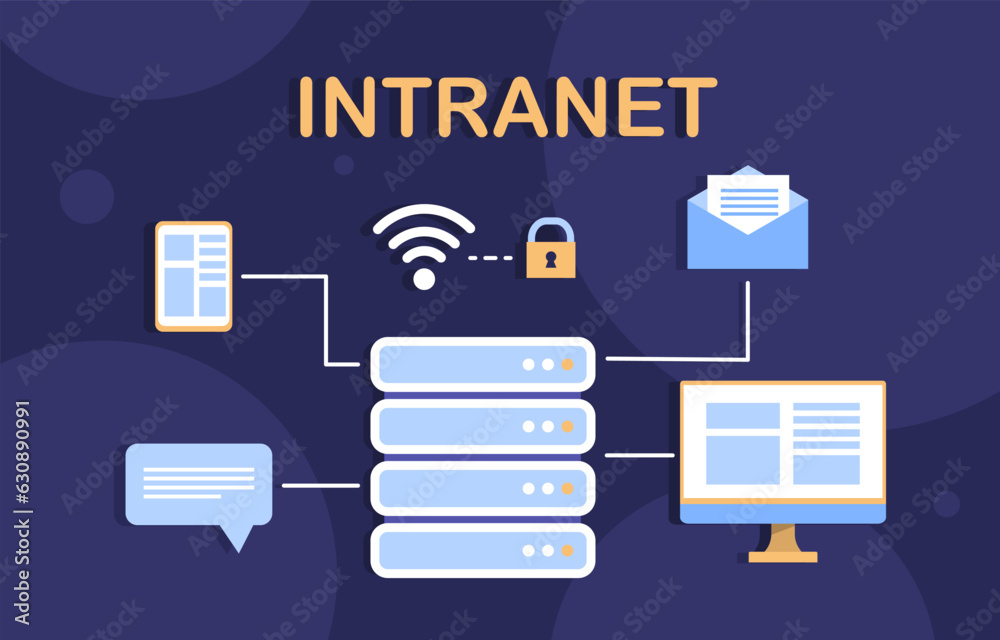 Poster intranet equipment concept. servers with computer monitor. internet and wireless connection. wifi an