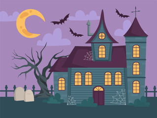 Horror house with bats concept. Castle of fear and horror, ancient real estate. Tree, graves and net at building. Poster or banner, greeting postcard for Halloween. Cartoon flat vector illustration