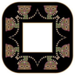 Rectangular animal frame with stylized funny tabby kittens or cats with striped tails. Native American motif from ancient Paracas, Peru. Isolated vector illustration.