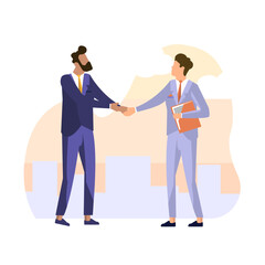 Illustration concept for concluding a contract, insurance, business negotiations, services of a lawyer, lawyer, notary, insurance agent. Two men shake hands to make a deal .