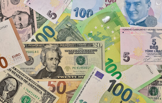 Images of banknotes of various countries. Photos of euro, dollar and turkish lira.