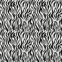 Zebra seamless pattern. Black and white texture of striped animal skin and fur. Trendy vector background for fabric design, wrapping paper, textile, wallpaper, print, covers.