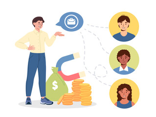 Employer with candidates concept. Man with gold coins, banknotes and magnet near avatars of employees. Recruitment to organization and company, headhunting. Cartoon flat vector illustration