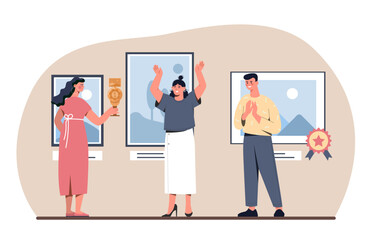 People at photo contest concept. Man and woman at exhibition. Creativity and art. Winners at competitions and tournament with reward and award, trophy. Cartoon flat vector illustration