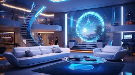 Futuristic interior living room with connected devices and holographic effects, surrounded by bright lights and neons. Generative AI