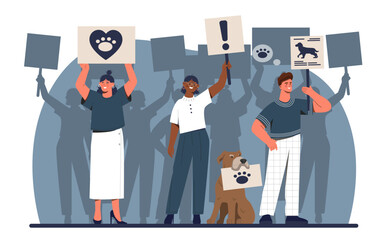 Protection of animal rights concept. Man and women with placards at rally. Activists and volunteers with dog and pets. Kindness and charity, love and support. Cartoon flat vector illustration