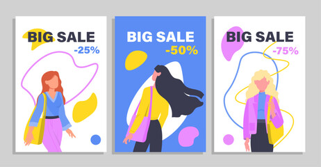 Shopping girls banner set. Discounts and promotions, special and limited offer. Electronic commerce and marketing. Women with bags. Cartoon flat vector collection isolated on grey background