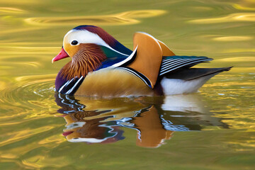 Mandarin duck profile swimming on a golden pond.