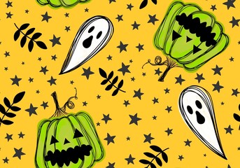 Autumn cartoon harvest vegetable seamless Halloween pumpkins and ghost pattern for wrapping paper and fabrics