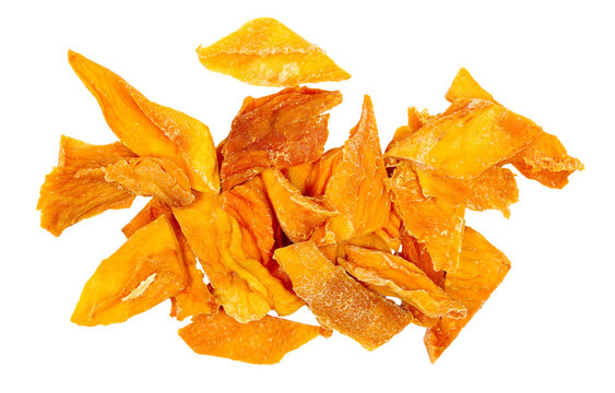 Pile dried mango slices isolated on white, top 