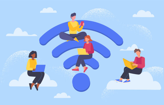 People in wifi zone concept. Men and women with gadgets and devices. Wireless connection and internet. Guys and girls communicate in social networks. Cartoon flat vector illustration
