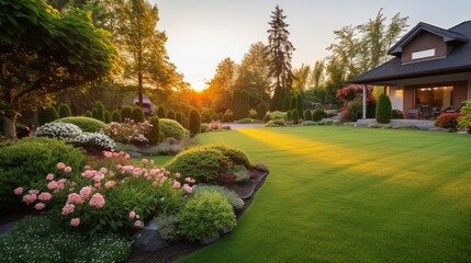 Beautiful manicured lawn and flowerbed with shrubs in sunshine residential house backyard background. - obrazy, fototapety, plakaty