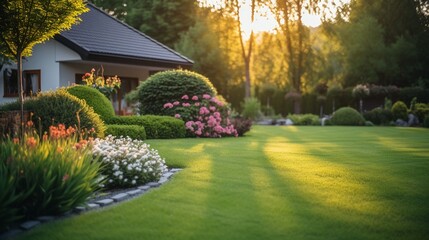 Beautiful manicured lawn and flowerbed with shrubs in sunshine residential house backyard background.