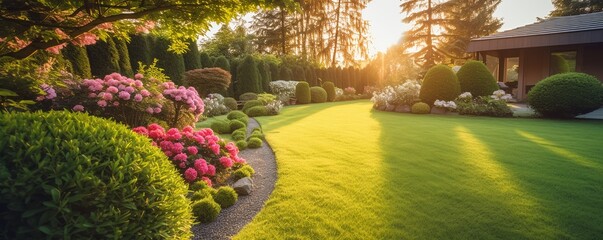 Beautiful manicured lawn and flowerbed with shrubs in sunshine residential house backyard background.