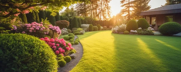 Fototapeten Beautiful manicured lawn and flowerbed with shrubs in sunshine residential house backyard background. © Jasper W