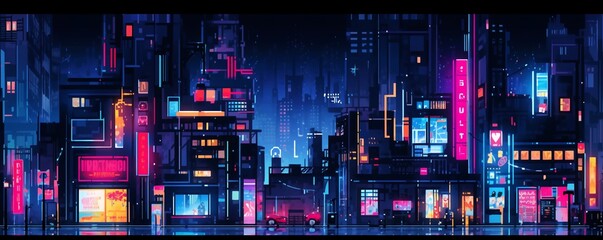 Cyberpunk neon city night, colorful vintage urban facade background, extra wide.