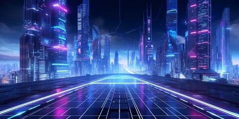 Fototapeta na wymiar 3d illustration of the futuristic city image background, extra wide, blue and purple.
