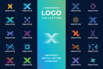 Collection of letter X logo design with digital technology concept.