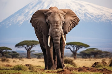 Fototapeta na wymiar African elephant on savannah with Mount Kilimanjaro in the background