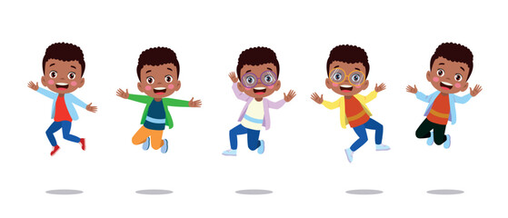 Fototapeta premium Jumping kids. Happy funny children playing and jumping in different action poses education little team vector characters. Illustration of kids and children fun and smile