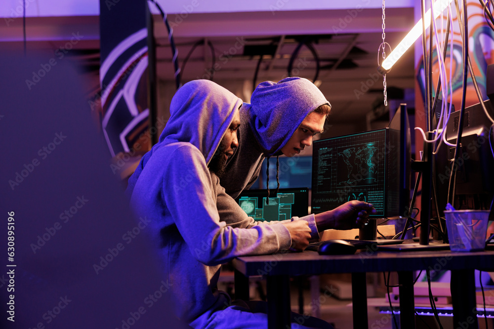 Poster hacker demonstrating malicious software on computer to illegal malware developer. diverse criminals 