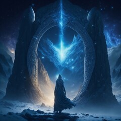 Fototapeta na wymiar Amidst a celestial expanse scattered with shimmering stardust, a solitary figure cloaked in a garment adorned with intricate Nordic runes stands near a portal radiating pulsating light. 