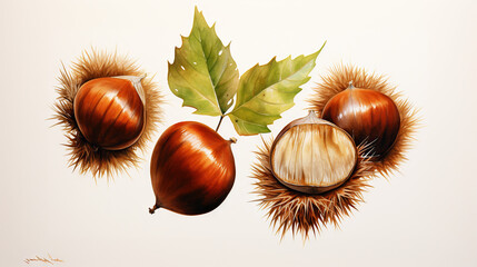 watercolor drawings set of chestnuts and leaf isolated on a white background