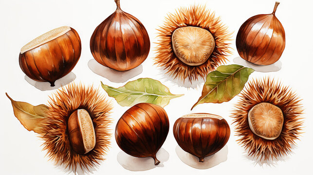 watercolor drawings set of chestnuts and leaf isolated on a white background