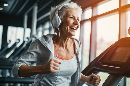 A senior woman wearing workout clothes and headphones while running on a treadmill, emphasizing the convenience and accessibility of exercise equipment in modern times.Generative Ai