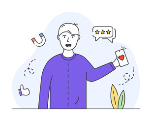 Social Media Marketing illustrations. Happy young man with phone and heart icon on screen. Brand advocate and ambassador. Flat cartoon vector illustration