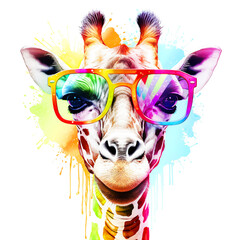 Cartoon colorful giraffe with sunglasses on white background.
